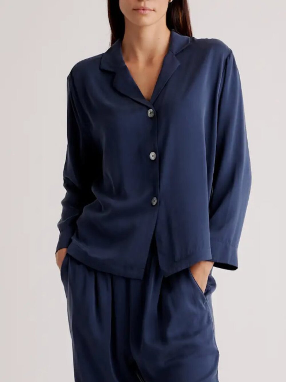 QUINCE 100% Washable Silk Pajama Long Sleeve Top XS Indigo